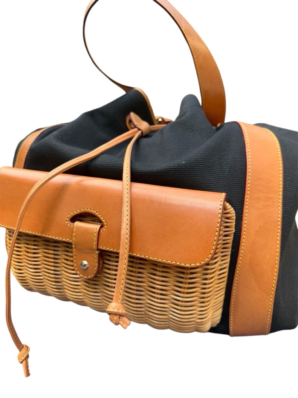 Clever Carriage Company XL Drawstring Tote with Front Basket Detail.